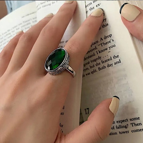 Sterling Silver Emerald Tube Chain Bracelet Matching Oversized Resizable Ring - Picture 6 of 8